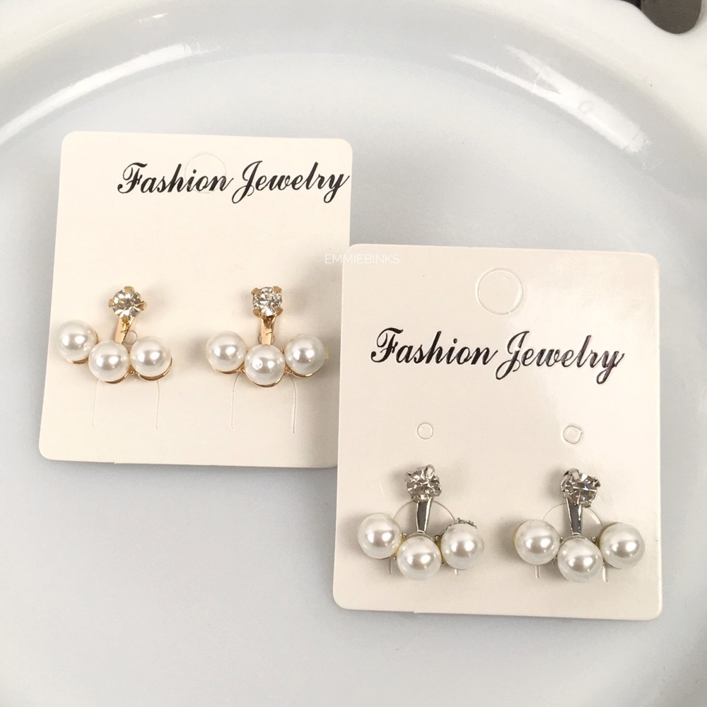 NWT Golden Faux Pearl Jacket Earrings Double Sided ~ Trendy Minimalist Vibe - Picture 3 of 12
